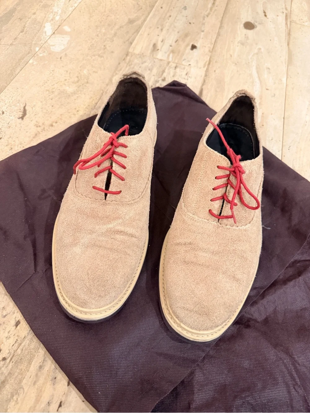 Cole Haan Tan Suede Derby Shoes with Red Laces